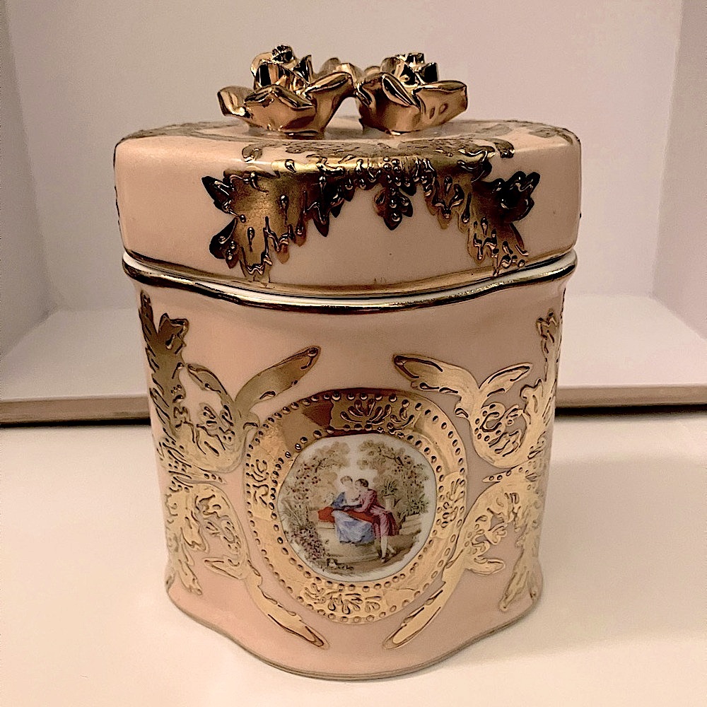 Ornate Ceramic Container, Pink and Gold, Featuring Regency-era Couple